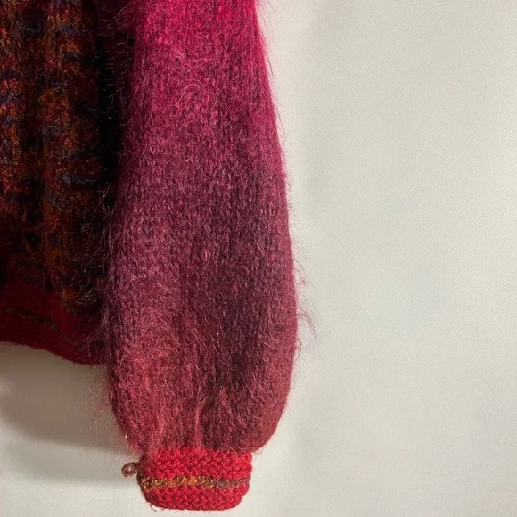VINTAGE BOHO MOHAIR BLEND CHUNKY CARDIGAN BURGUNDY MULTI COLORED - Picture 7 of 8